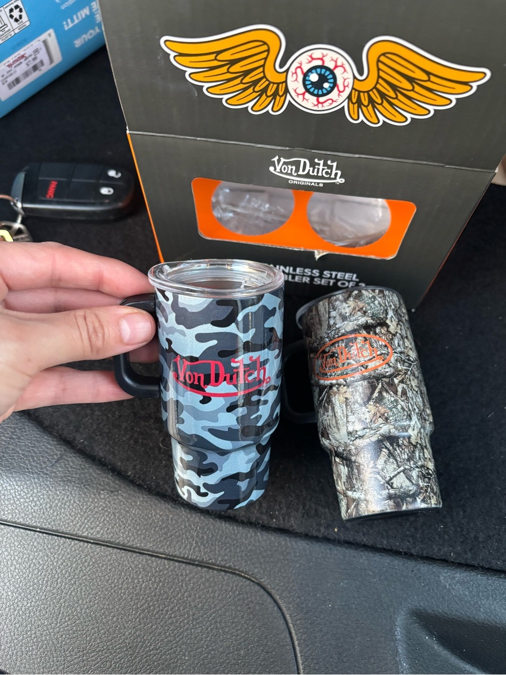 Von Dutch Blue Gray Camo Travel Mug with Red Logo
